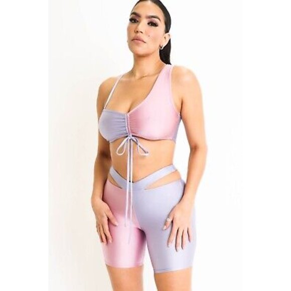 Women's Satin Colorblock Biker Shorts and Top Set Sexy Outfit Set S M L - Picture 8 of 8